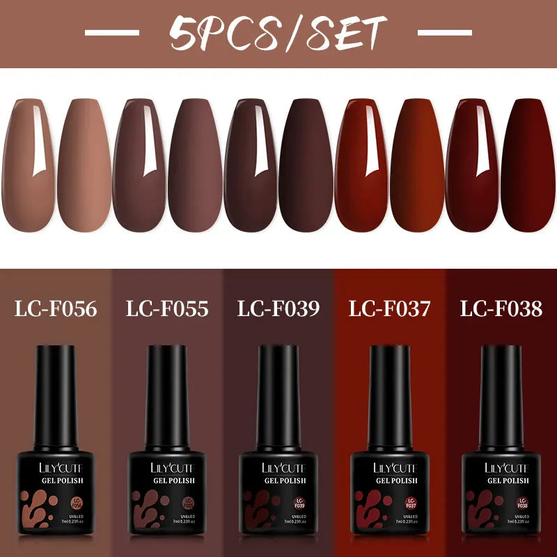 LILYCUTE 5Pcs/Set 7ML Red Brown Nail Gel DIY Nail Art Semi Permanent UV Gel Polish